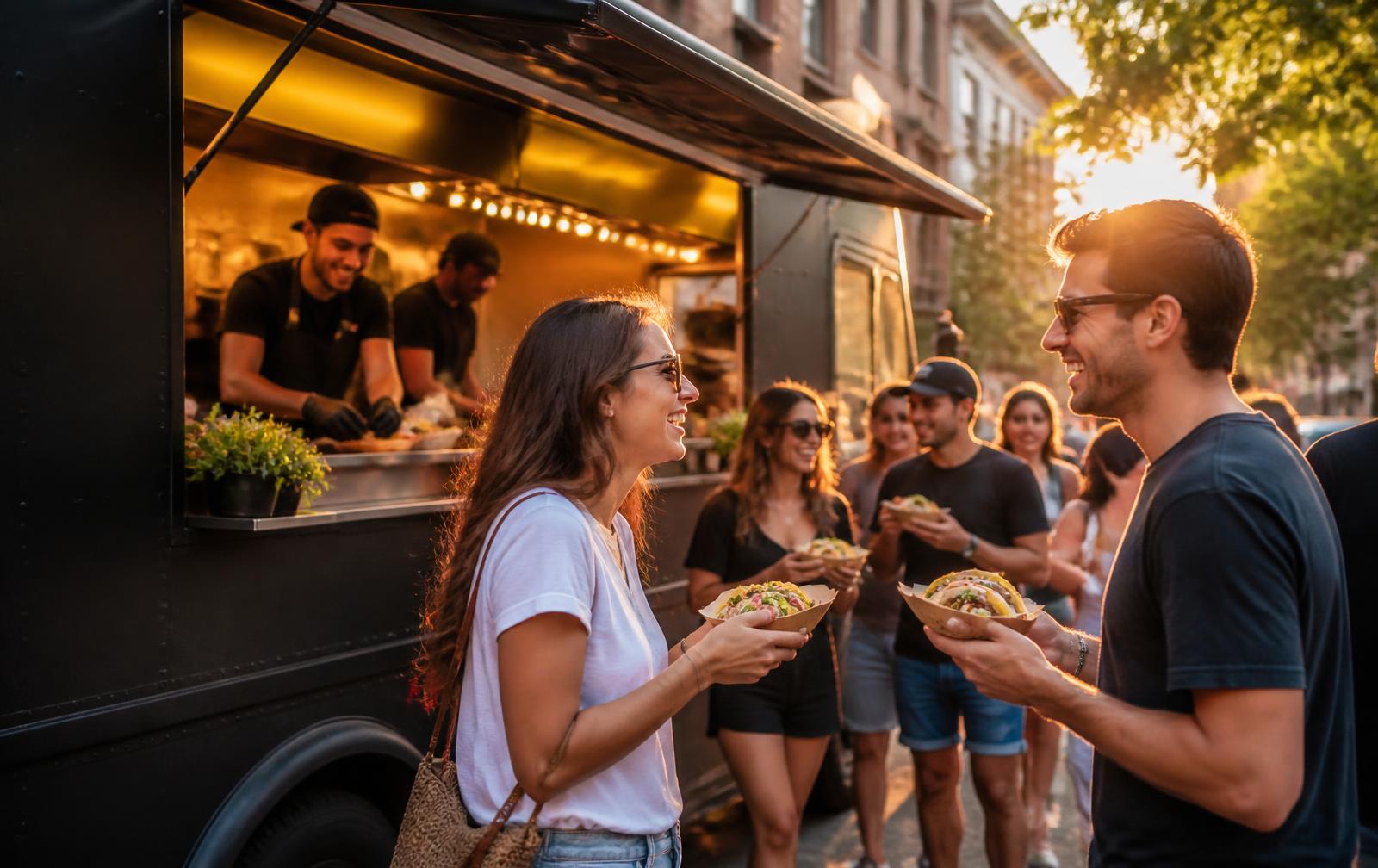 People ordering tacos from a food truck at golden hour